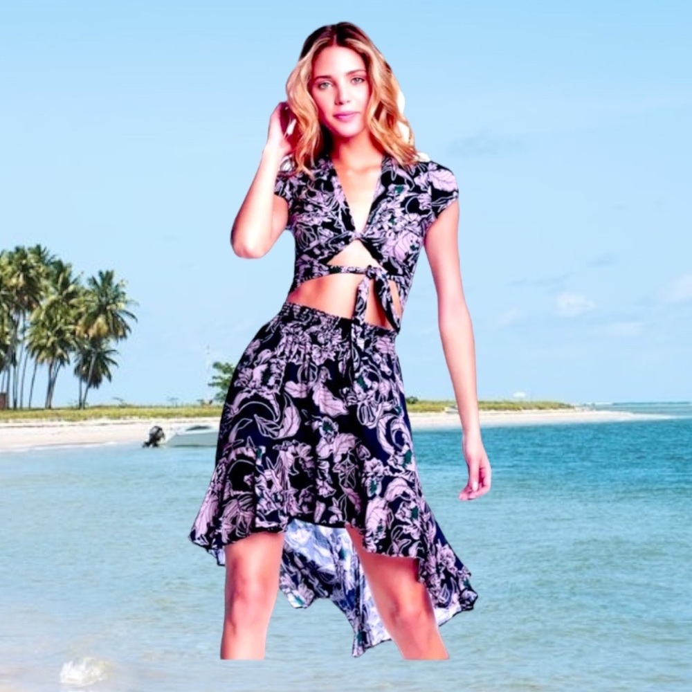 $109 Maaji Swim Cover Up Beach Skirt Large High Low Viscose Lined Smocked Waist